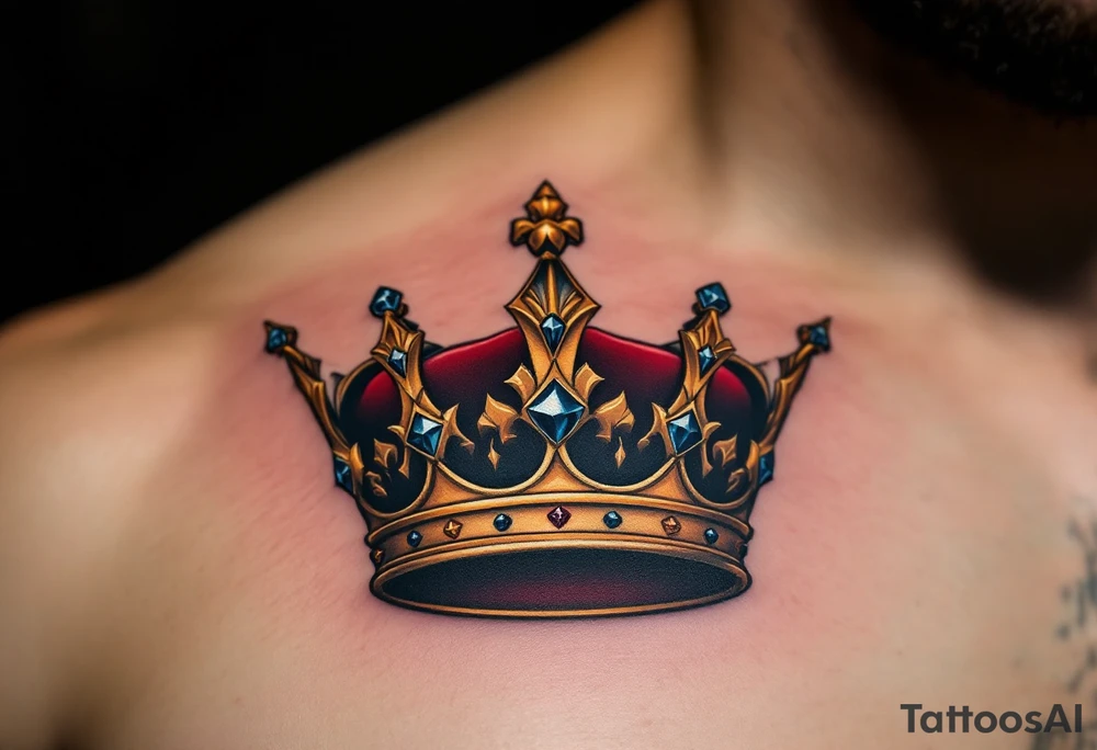 A regal gold crown tattoo adorned with deep red velvet lining, shimmering sapphire-blue gemstones, and subtle black shadowing underneath to give it a bold, three-dimensional look. tattoo idea