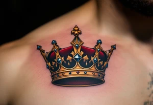 A regal gold crown tattoo adorned with deep red velvet lining, shimmering sapphire-blue gemstones, and subtle black shadowing underneath to give it a bold, three-dimensional look. tattoo idea