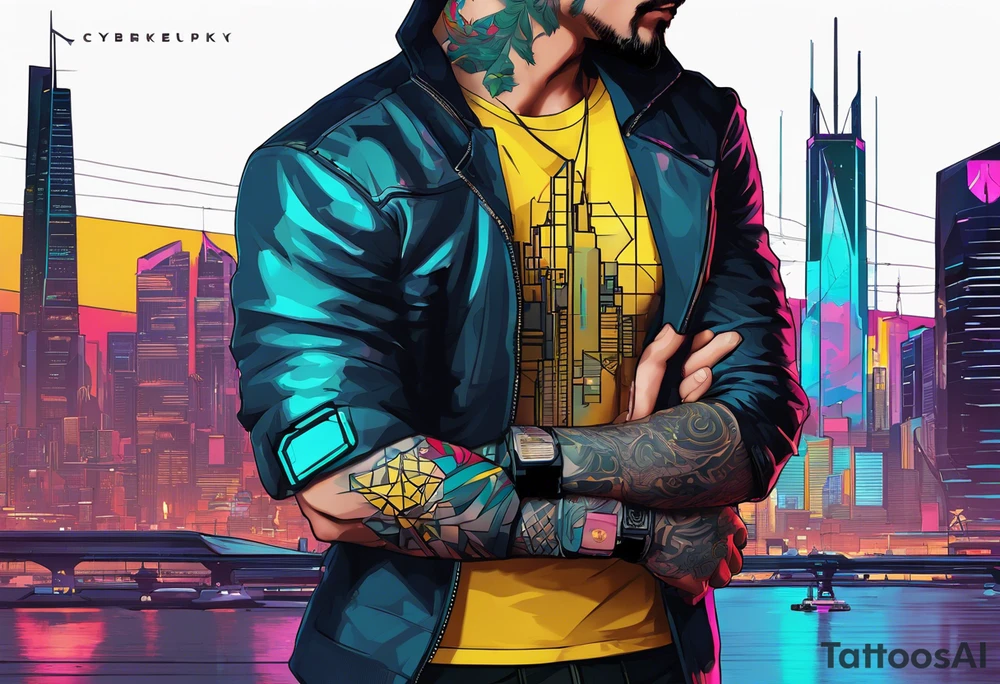 cyberpunk 2077, forearm tattoo, geometric, subtle, men, city skyline, bright colour, panam palmer tattoo idea