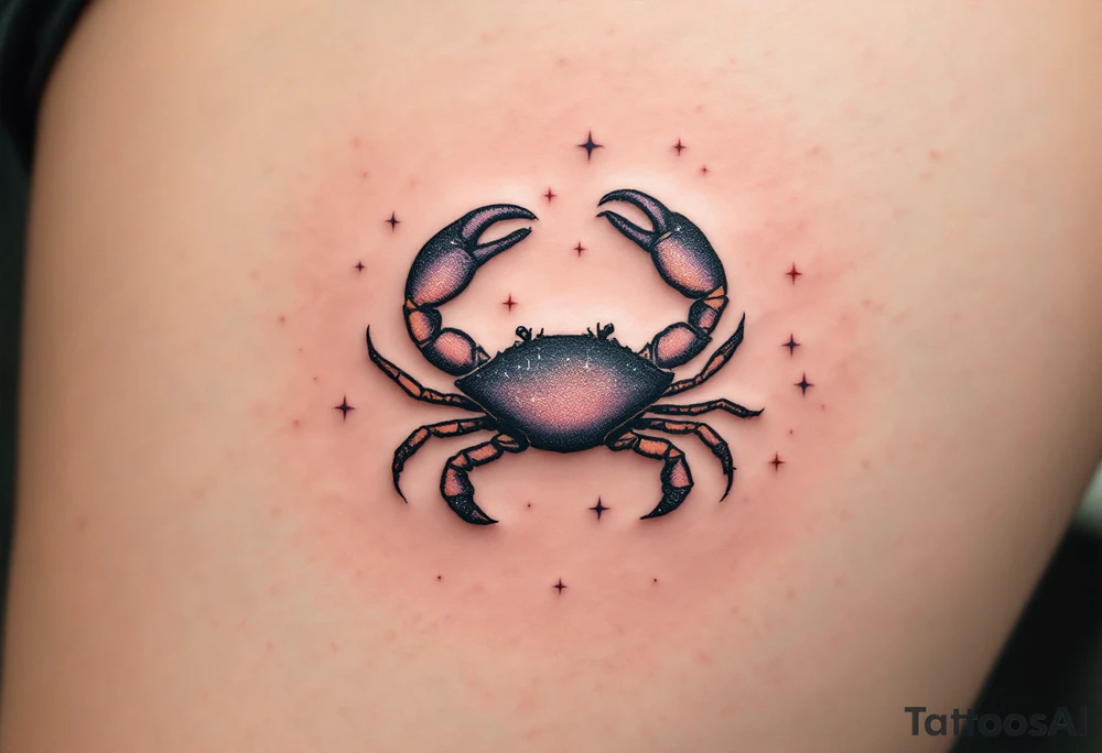 A tiny crab outlined in black anchors the Cancer star constellation traced in twinkling pastel stars. tattoo idea