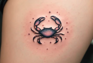 A tiny crab outlined in black anchors the Cancer star constellation traced in twinkling pastel stars. tattoo idea