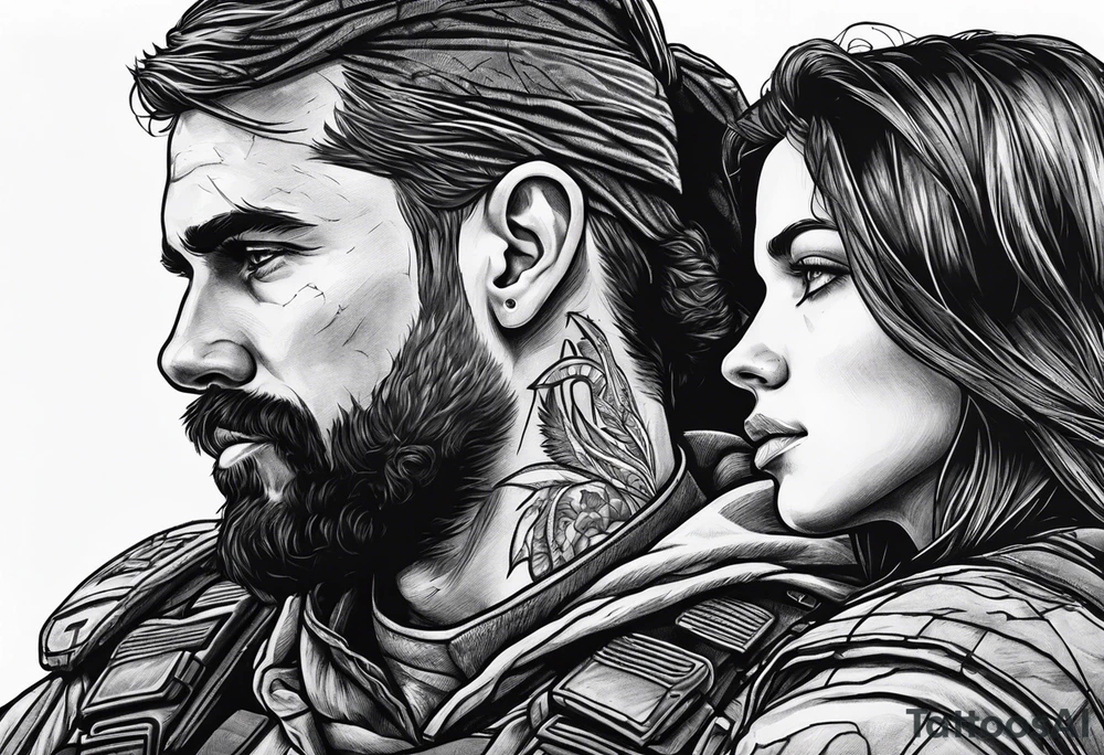A modern soldier face to face with death with Jesus over the soldier’s shoulder tattoo idea