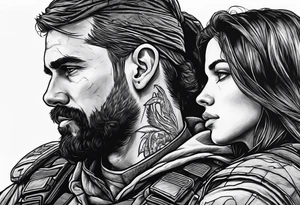 A modern soldier face to face with death with Jesus over the soldier’s shoulder tattoo idea