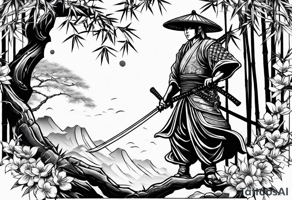 bamboo with japanese warrior and a cherry blossum tree in the background tattoo idea