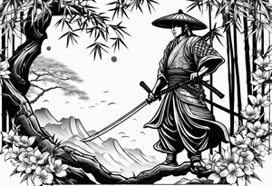 bamboo with japanese warrior and a cherry blossum tree in the background tattoo idea