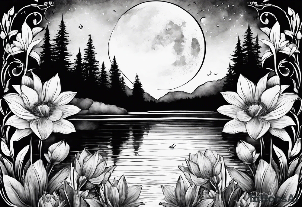 Secret, hidden garden, flowers, lake , moon tattoo idea