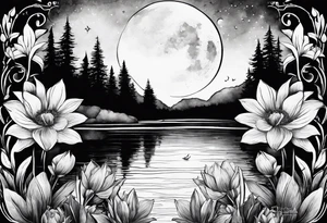 Secret, hidden garden, flowers, lake , moon tattoo idea