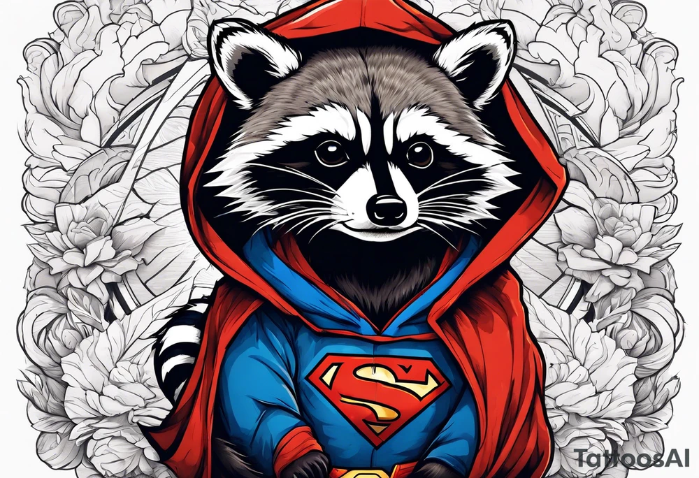 raccoon wearing a Superman hoodie tattoo idea
