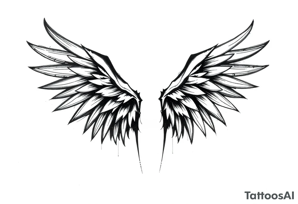 the wings go up

This tattoo design features a pair symmetrical angel wings drawn in black ink with a rough, sketch-like style. The left wing is darker, more defined, and appears denser, while the right wing is lighter, more delicate, and fragmented, creating a contrast between the two. The feathers are sharp and irregular, with fine lines and stray strokes extending outward, adding a raw and artistic feel. The overall look is dynamic and slightly chaotic, giving the impression of movement or an unfinished, ethereal form. This design symbolizes duality, freedom, transformation, or even struggle, making it a meaningful and visually striking tattoo. tattoo idea