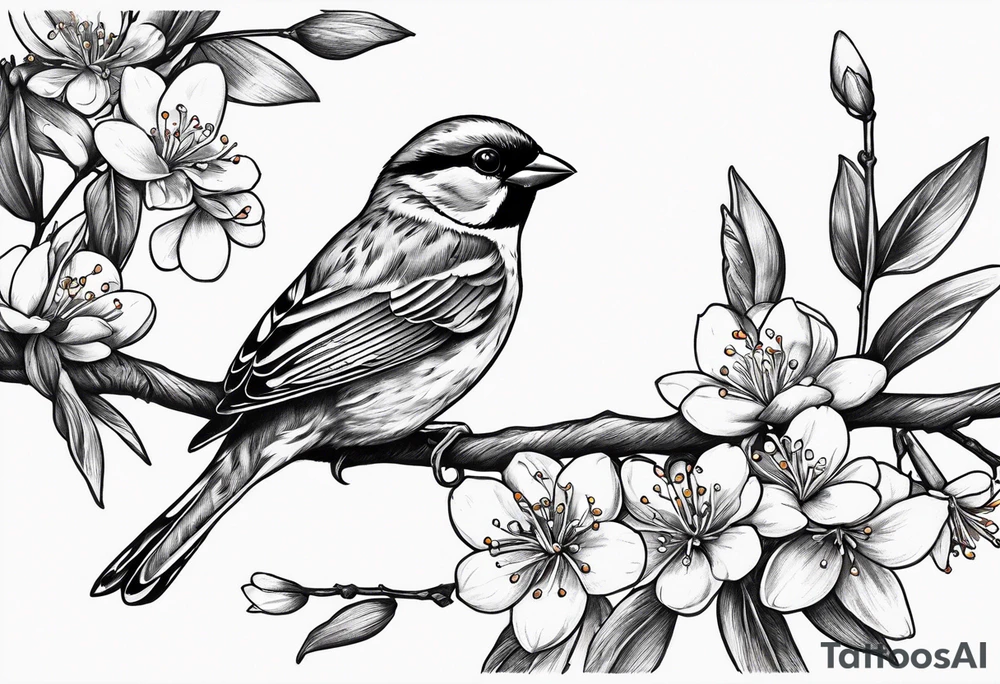 sparrow flying off of branch with orange blossoms tattoo idea