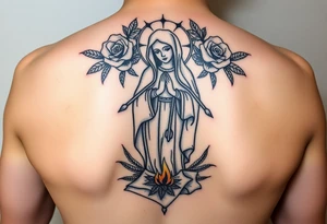 Mother mary with roses around her head, and a burnt up paper under her feet tattoo idea