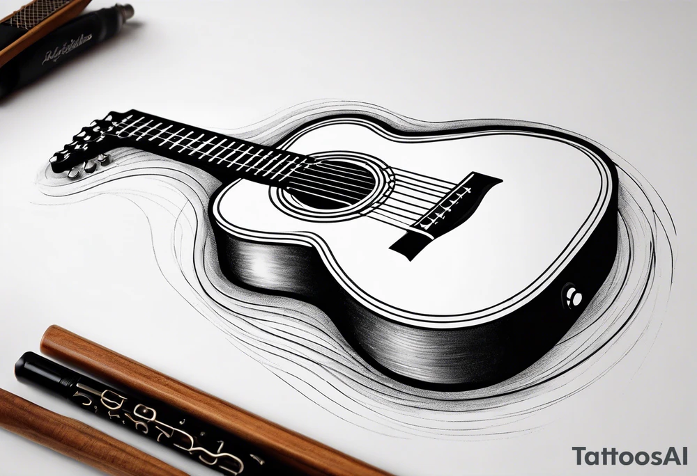 A minimalist guitar design, small in size, with clean lines and vintage detailing. The guitar represents a deep connection to music, with a classic, understated design that captures its essence without embellishments. tattoo idea