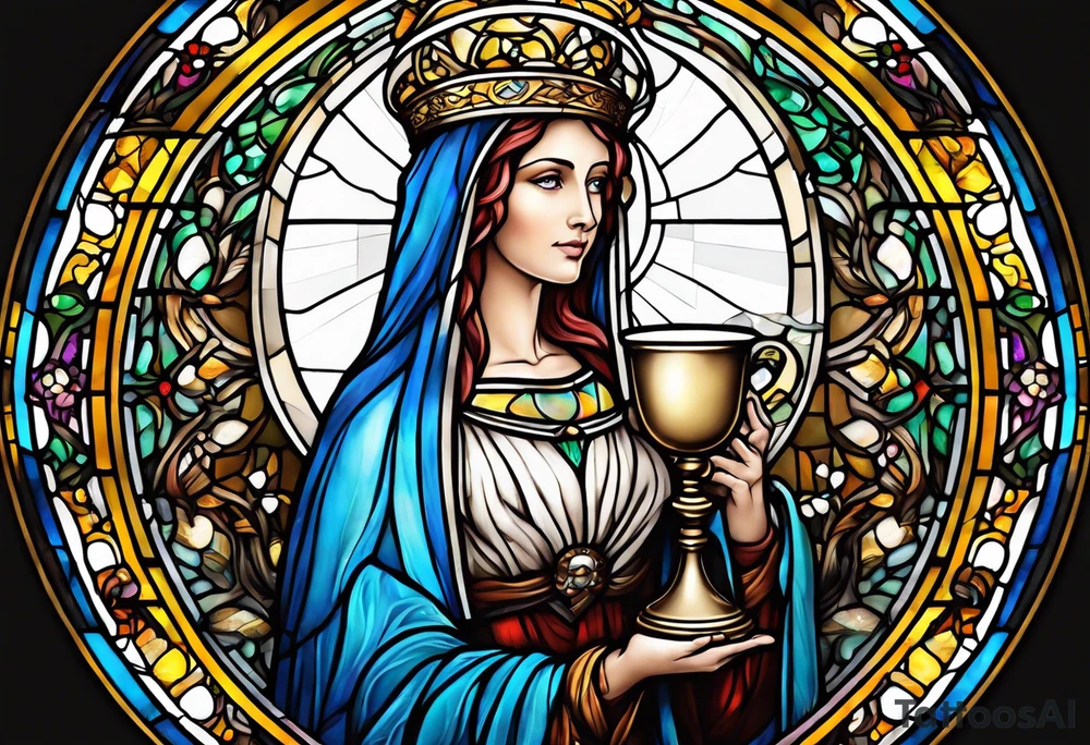 holy saint woman with halo stained glass holding a chalice tattoo idea