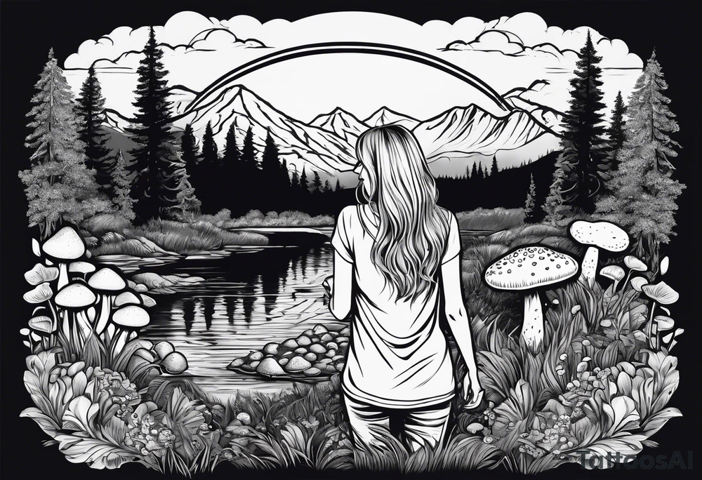 Straight long blonde hair hippie girl in distance holding mushrooms in hand facing away toward mountains and creek surrounded by mushrooms tee shirt and hiking pants tattoo idea