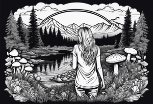 Straight long blonde hair hippie girl in distance holding mushrooms in hand facing away toward mountains and creek surrounded by mushrooms tee shirt and hiking pants tattoo idea