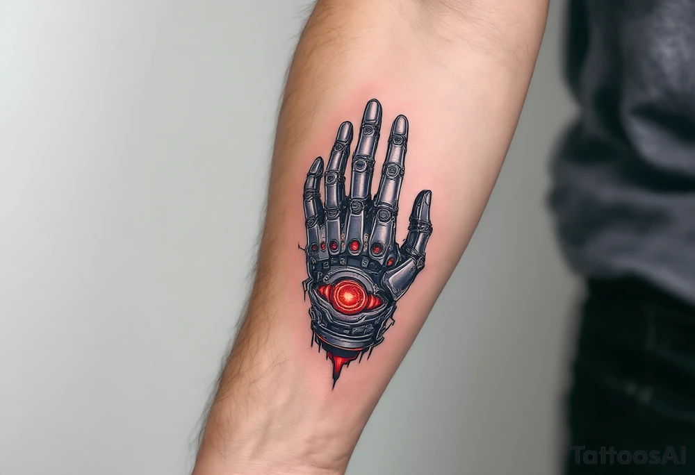 A tattoo depicting a mechanical hand socketed into the forearm, with crimson power cores pulsing behind stainless steel plating. tattoo idea
