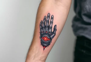 A tattoo depicting a mechanical hand socketed into the forearm, with crimson power cores pulsing behind stainless steel plating. tattoo idea