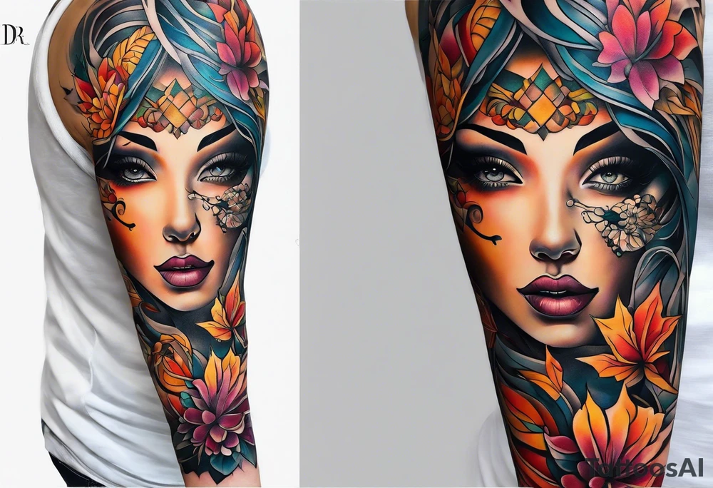 Arm Sleeve Tattoo with fall colors flat tattoo idea