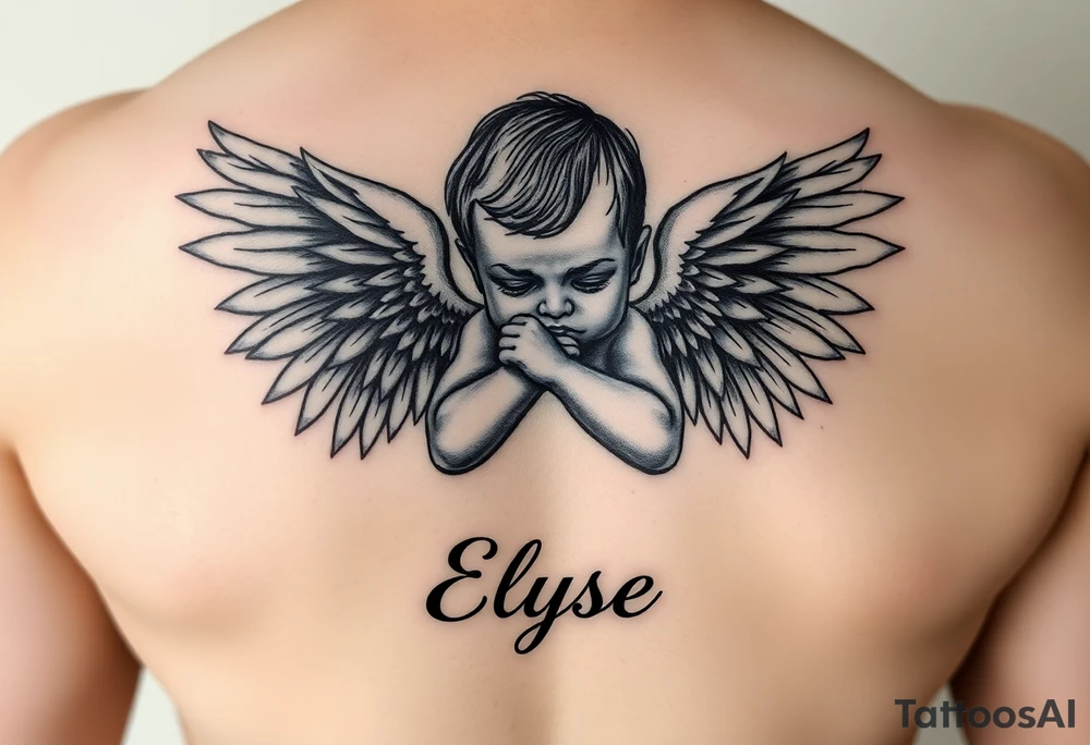 Create baby angle with closed wings, hand crossed and her name Elyse in the image tattoo idea