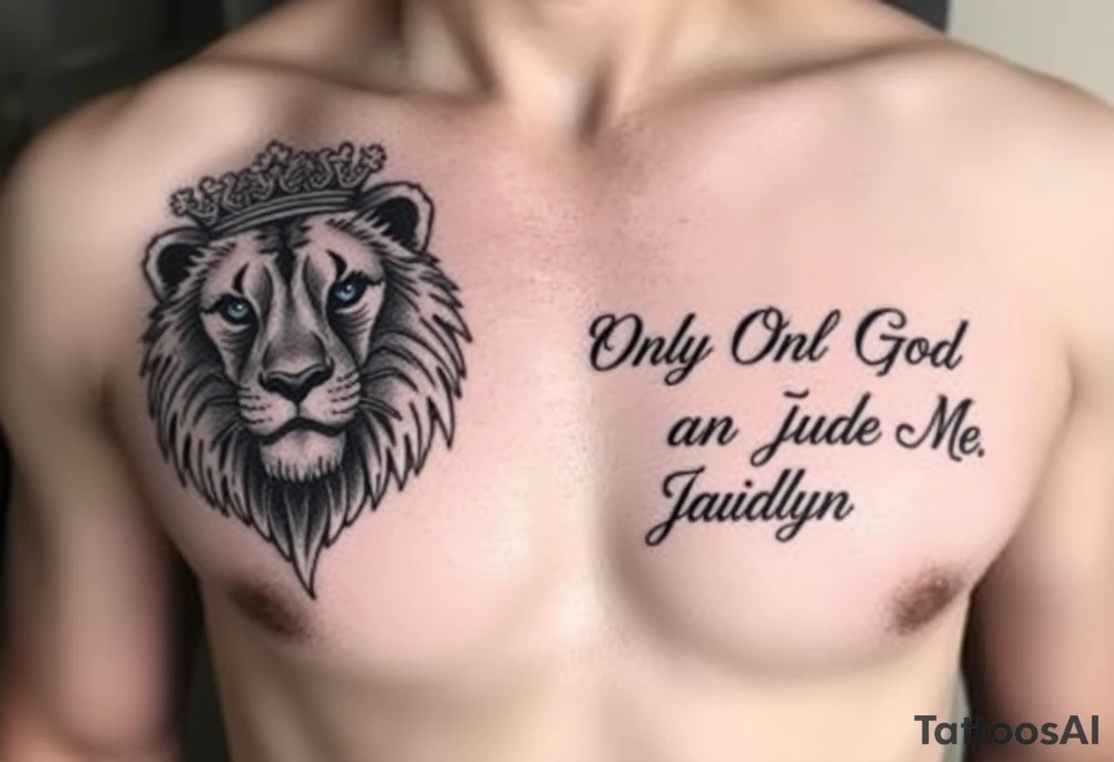 Make a full chest tattoo design  put a small lion with a crown on his head on the left side and give him blue eyes and on the right side put 1983 in Roman numerals also add the quote “ Only God Can Judge Me”on the top of the tattoo but in cursive, fill the whole chest with A nice design shaded that matches the vibe tattoo idea