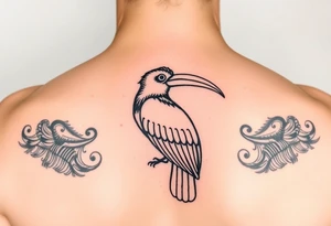 image of a Kalimantan ivory-horned hornbill with a Dayak motif woven background tattoo idea