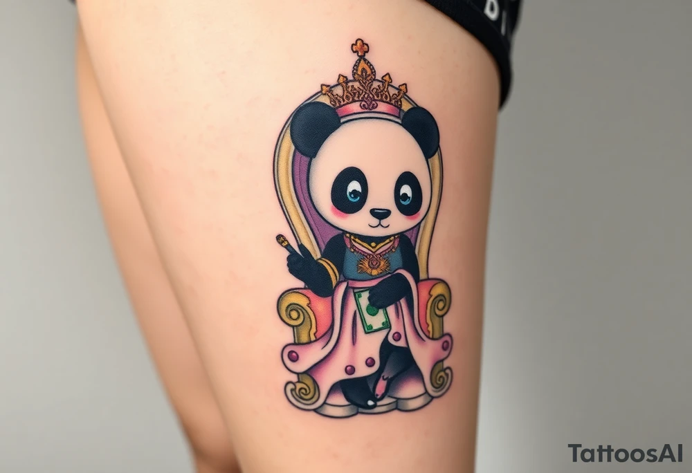 powerful superior panda with a crown, sexy princess on a throne holding hand out to be handed money tattoo idea