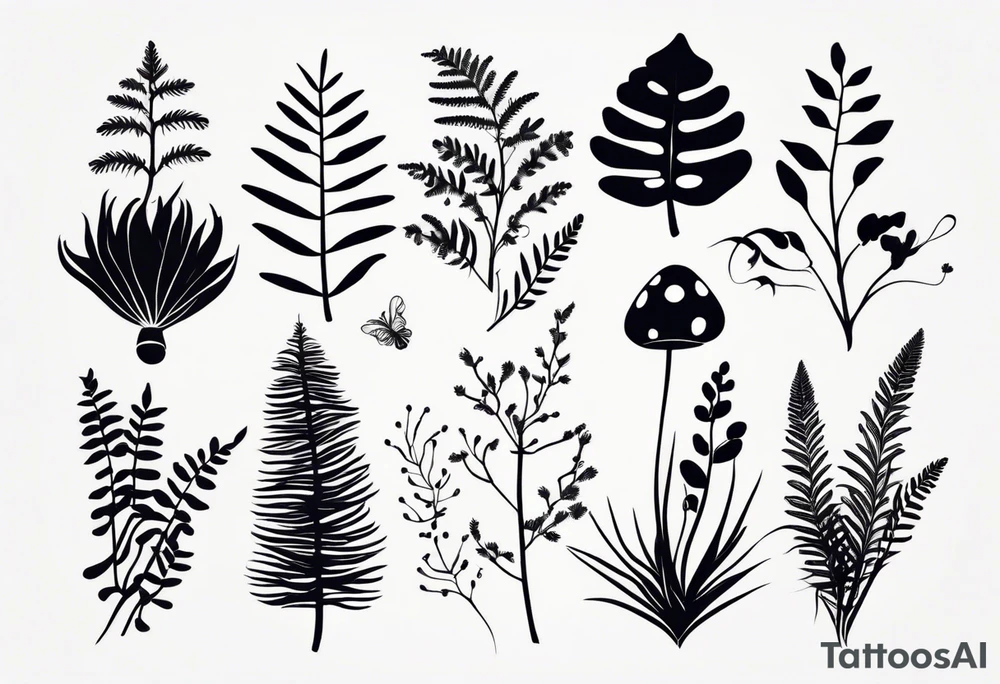 forest floor inspired minimalist tattoo, which includes grass, curly ferns, moss and dead leaves as the bulk of the tattoo. details to include: forest berries, a tiny bumblebee flying nearby, three small brown mushrooms
Generate a vertically long one tattoo idea