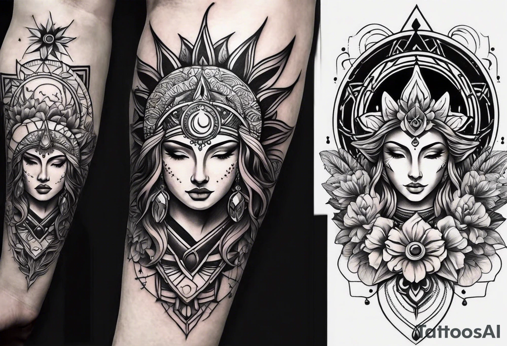 Design a sleeve arm tattoo that symbolizes power, peace and love with the sun and moon and with flowers and butterflies but also shows masculinity. I want to see spirituality and chakra symbols tattoo idea