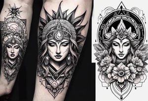 Design a sleeve arm tattoo that symbolizes power, peace and love with the sun and moon and with flowers and butterflies but also shows masculinity. I want to see spirituality and chakra symbols tattoo idea