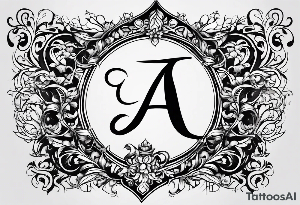 I want to design a tattoo that has the letters A, J, D, E mixed together like a design in harmony with old chaligraphy tattoo idea