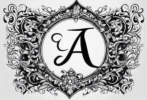 I want to design a tattoo that has the letters A, J, D, E mixed together like a design in harmony with old chaligraphy tattoo idea