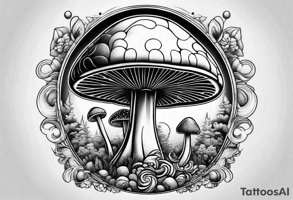 Psychedelic mushroom rocket bursting out of bubble into spiritual realm tattoo idea