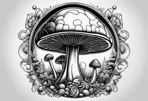 Psychedelic mushroom rocket bursting out of bubble into spiritual realm tattoo idea
