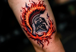 A leg sleeve merging AC and HC Sparta logos, surrounded by flames in red, orange, and violet. tattoo idea
