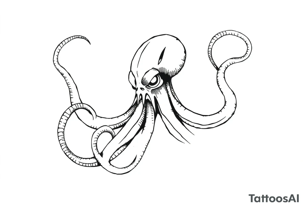 A minimalist blackwork tattoo design of an evil kraken The kraken is viewed from a 45-degree angle facing left, with its head centered. The tentacles extend only to the left and right, with none going downward beneath the head. the tentacles are quite long reaching to the left and right. The style is clean, fine-line detailing with bold outlines, avoiding heavy shading. The tentacles should be fluid, aggressive, and striking, enhancing the menacing and eerie look of the kraken while maintaining a cohesive design for a tattoo sleeve. tattoo idea