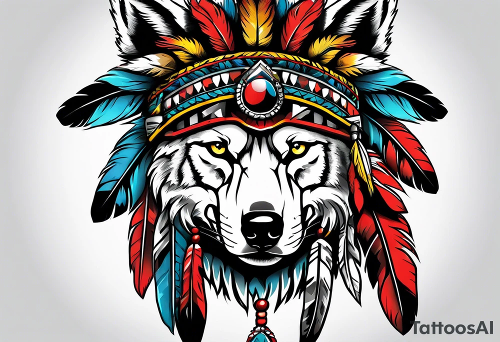 Half skull half wolf face with native war bonnet tattoo idea