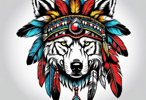 Half skull half wolf face with native war bonnet tattoo idea