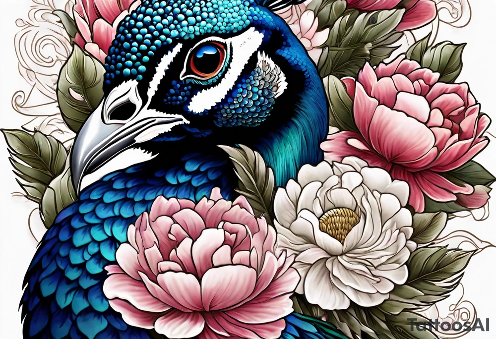 beautiful highly detailed peacock surrounded by peonies, roses. and leaves, philligry, intricate, detailed, tattoo idea