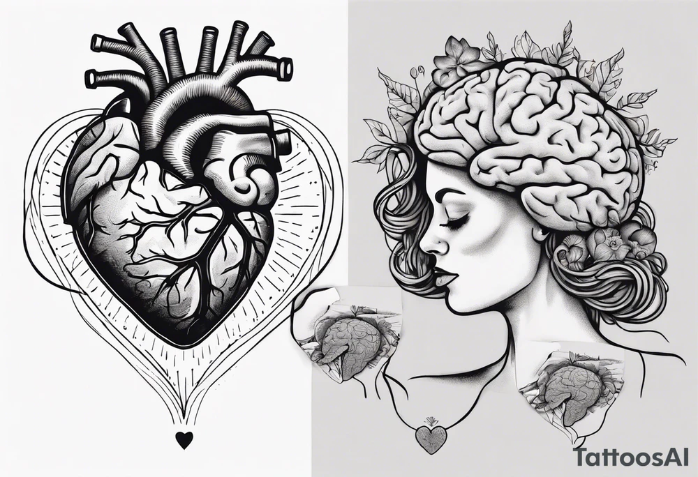 Heart and brain in line art, held down by a woman's hand holding them by string tattoo idea