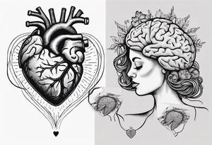 Heart and brain in line art, held down by a woman's hand holding them by string tattoo idea