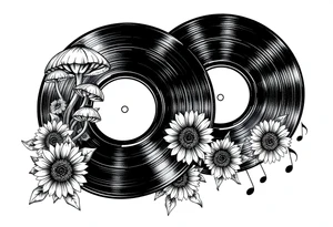 two overlapping vinyl records with mushrooms, sunflowers, and music notes tattoo idea