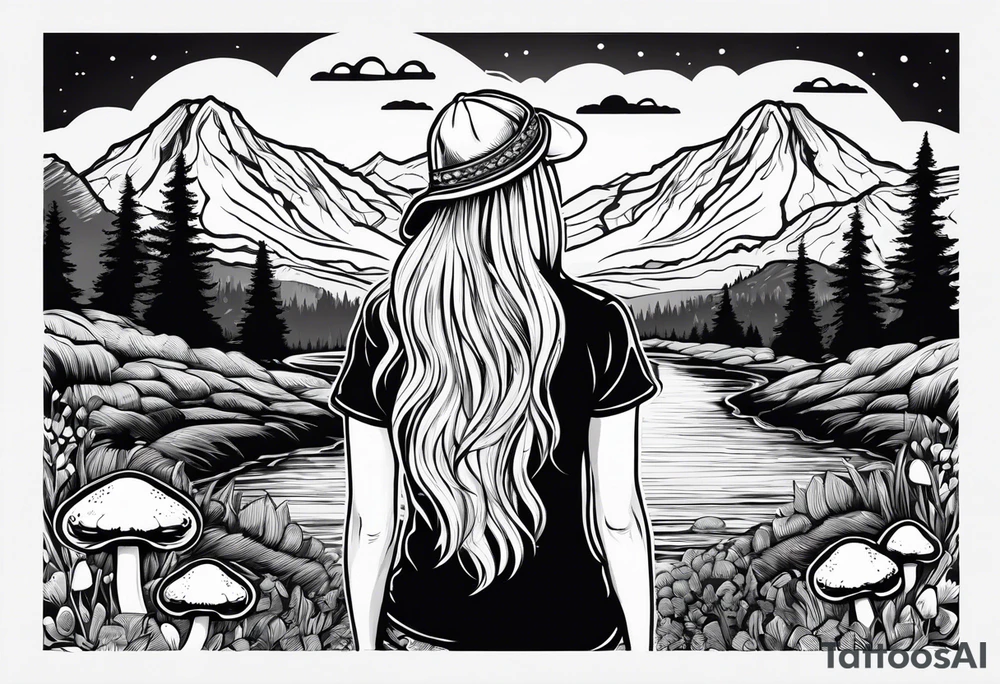 Straight long blonde hair hippie girl in distance holding mushrooms in hand facing away toward mountains and creek surrounded by mushrooms tee shirt and hiking pants tattoo idea