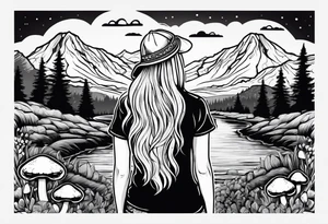 Straight long blonde hair hippie girl in distance holding mushrooms in hand facing away toward mountains and creek surrounded by mushrooms tee shirt and hiking pants tattoo idea