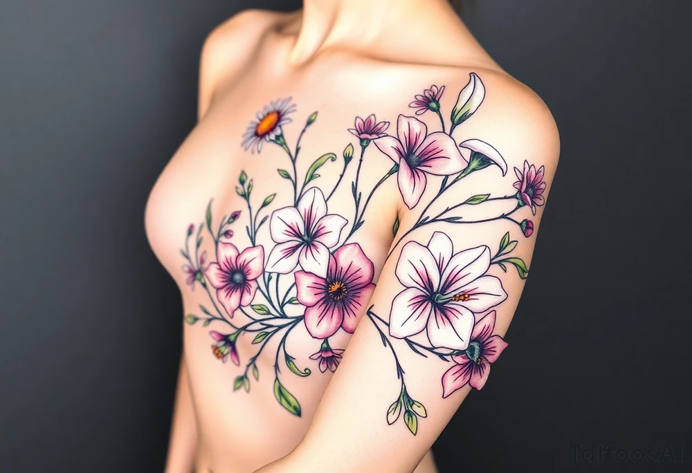 This is a tattoo of a string of flowers in bloom and is on a woman. It starts on her left side of the chest on the pectoral with a Glaiolus and Daisy pushed together. The tattoo rises over the left shoulder and down the arm and ends at the elbow. The tattoo will feature a primroses, Calla Lilys, and Lillys. They can have multiple flowers but 1 of each will pop with shading and be colored in. tattoo idea