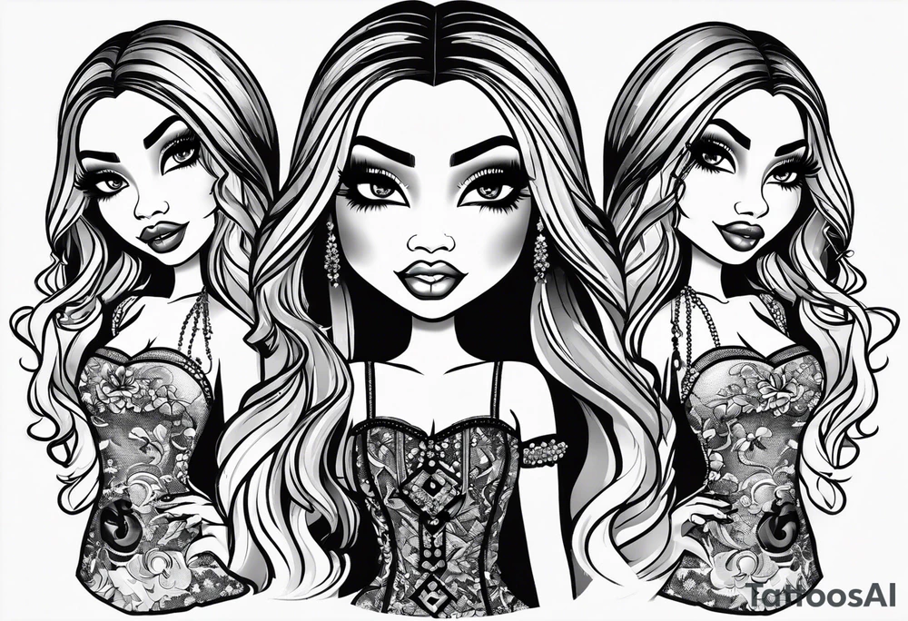 Very very BRATZ Bratz Doll style flash design,  full body, y2k, smoking a cigarette tattoo idea