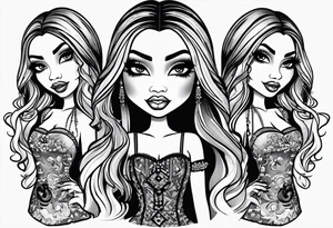 Very very BRATZ Bratz Doll style flash design,  full body, y2k, smoking a cigarette tattoo idea