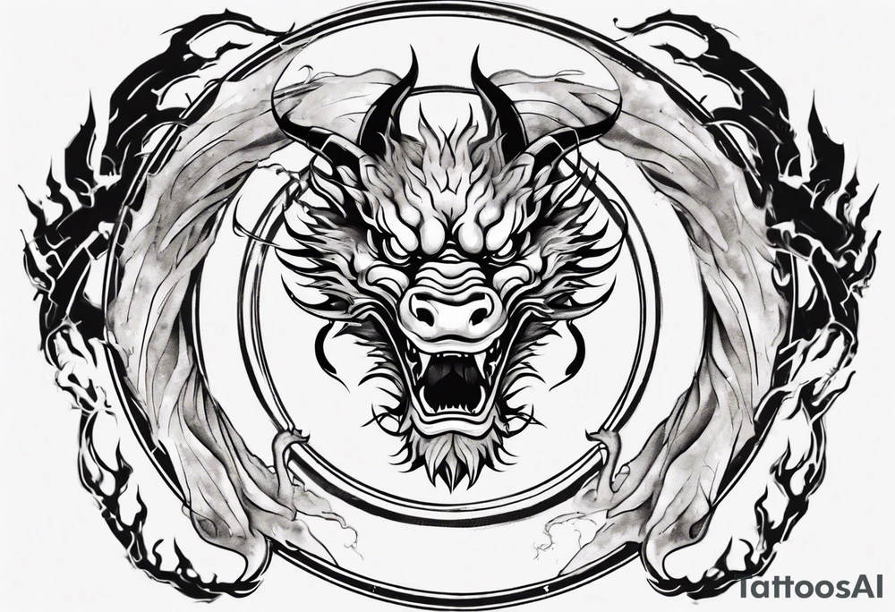 Chinese dragon in a circular shape with "02.03" written on its skin tattoo idea