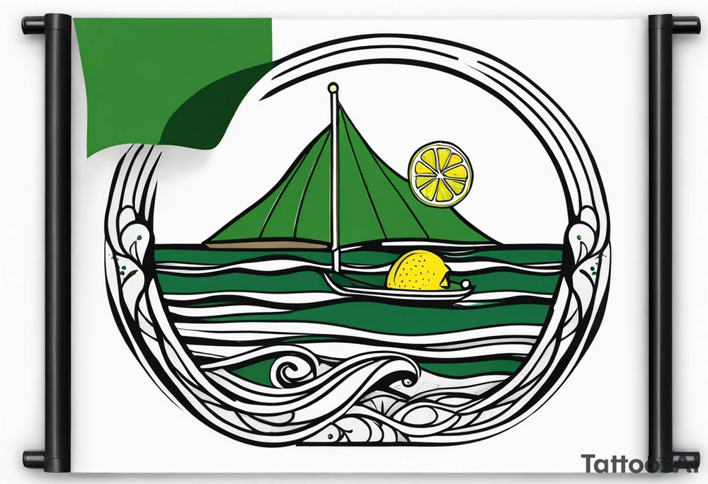 A lemon-Buoy with a green leaf-flag on waves tattoo idea