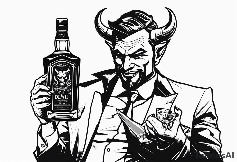 Devil holding whiskey bottle tattoo idea