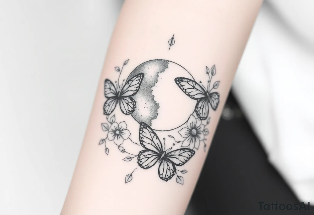 Butterflies flowers moon tattoo idea